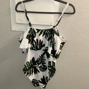 Green Leaf Print Off-Shoulder Swimsuit